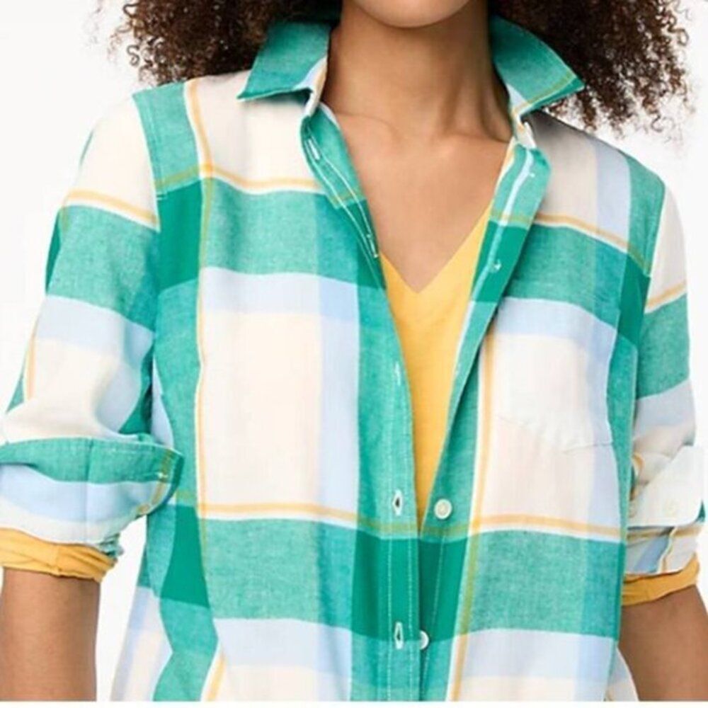 J CREW Women's Green Flannel Cotton Shirt Button Front Tops‎ Medium
